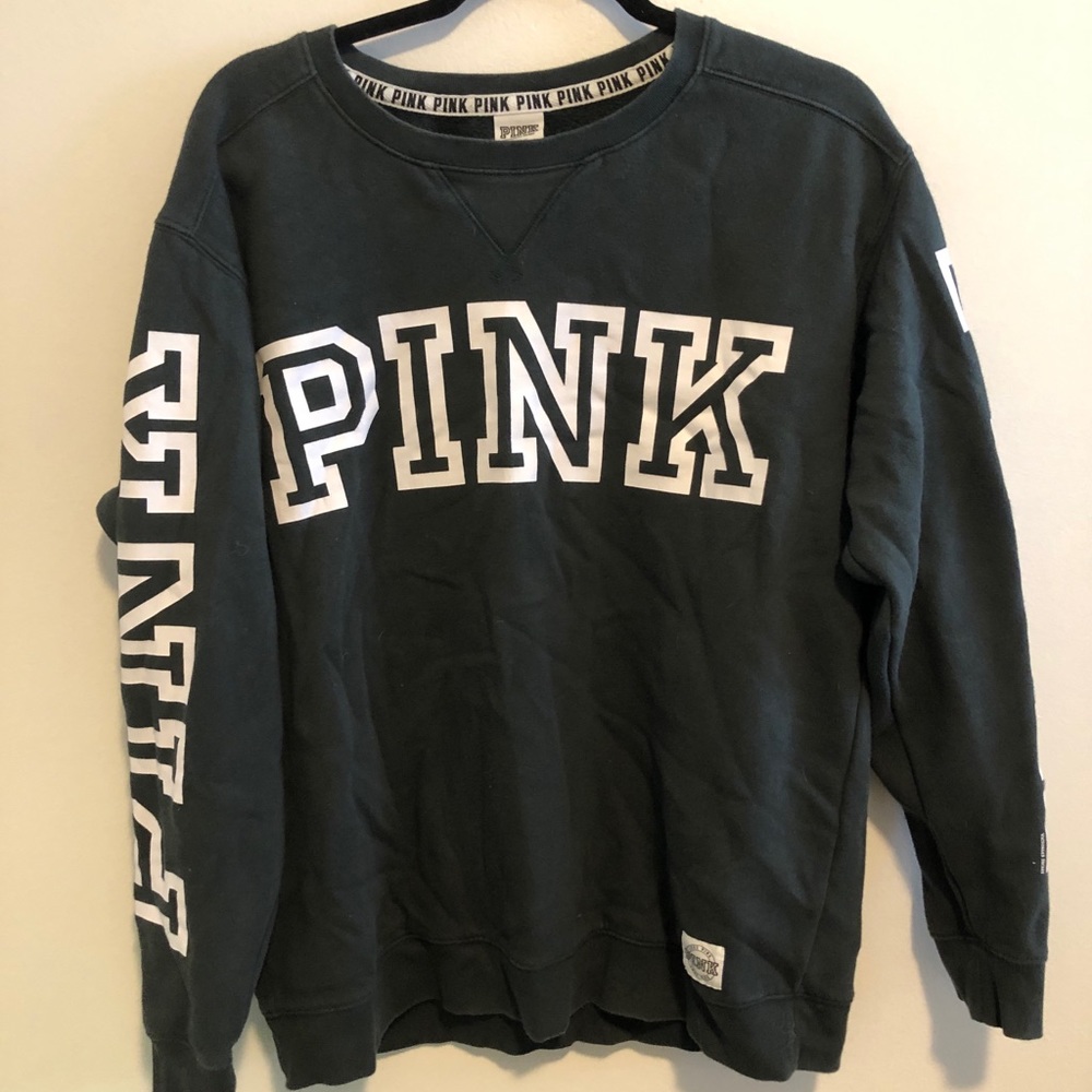 PINK Dark Green Crew Neck